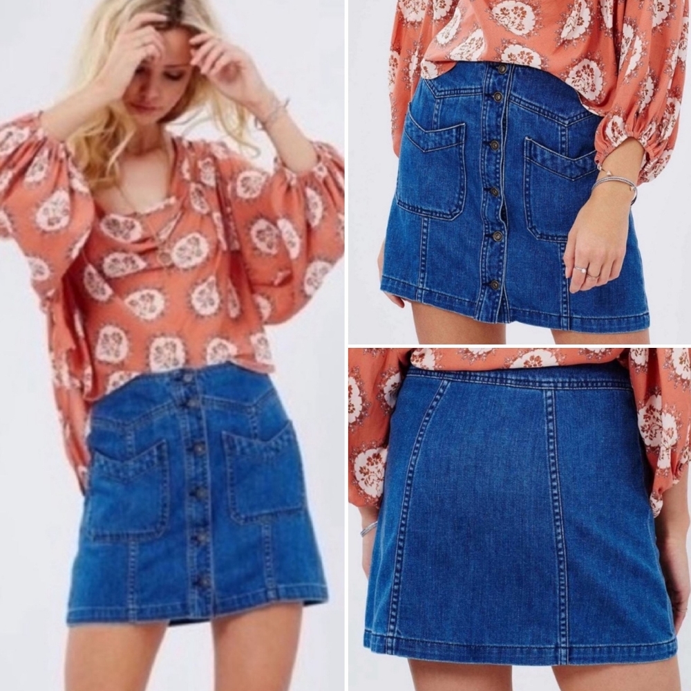 Free People Come A Little Closer Denim Skirt Front Button with Chevron Pockets